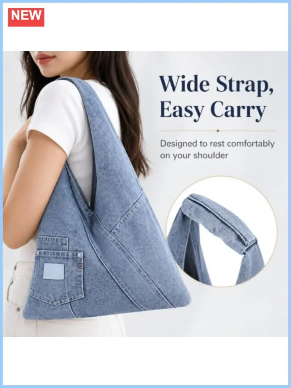 Large Retro Denim Shoulder Tote Bag for Women, Wide Strap